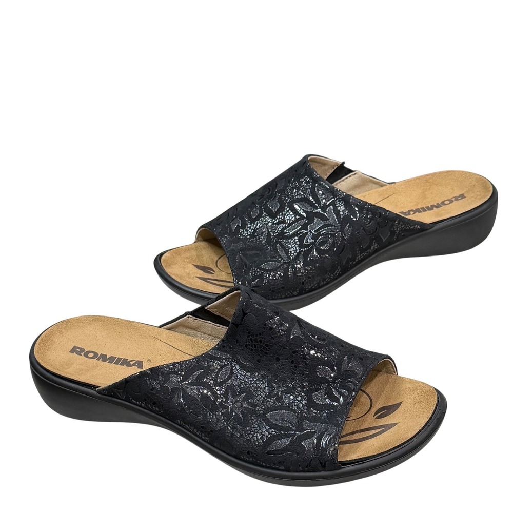 Romika Ibiza 101 Slide Sandals Womens 9-9.5 Black Leather Comfort Floral Slip On